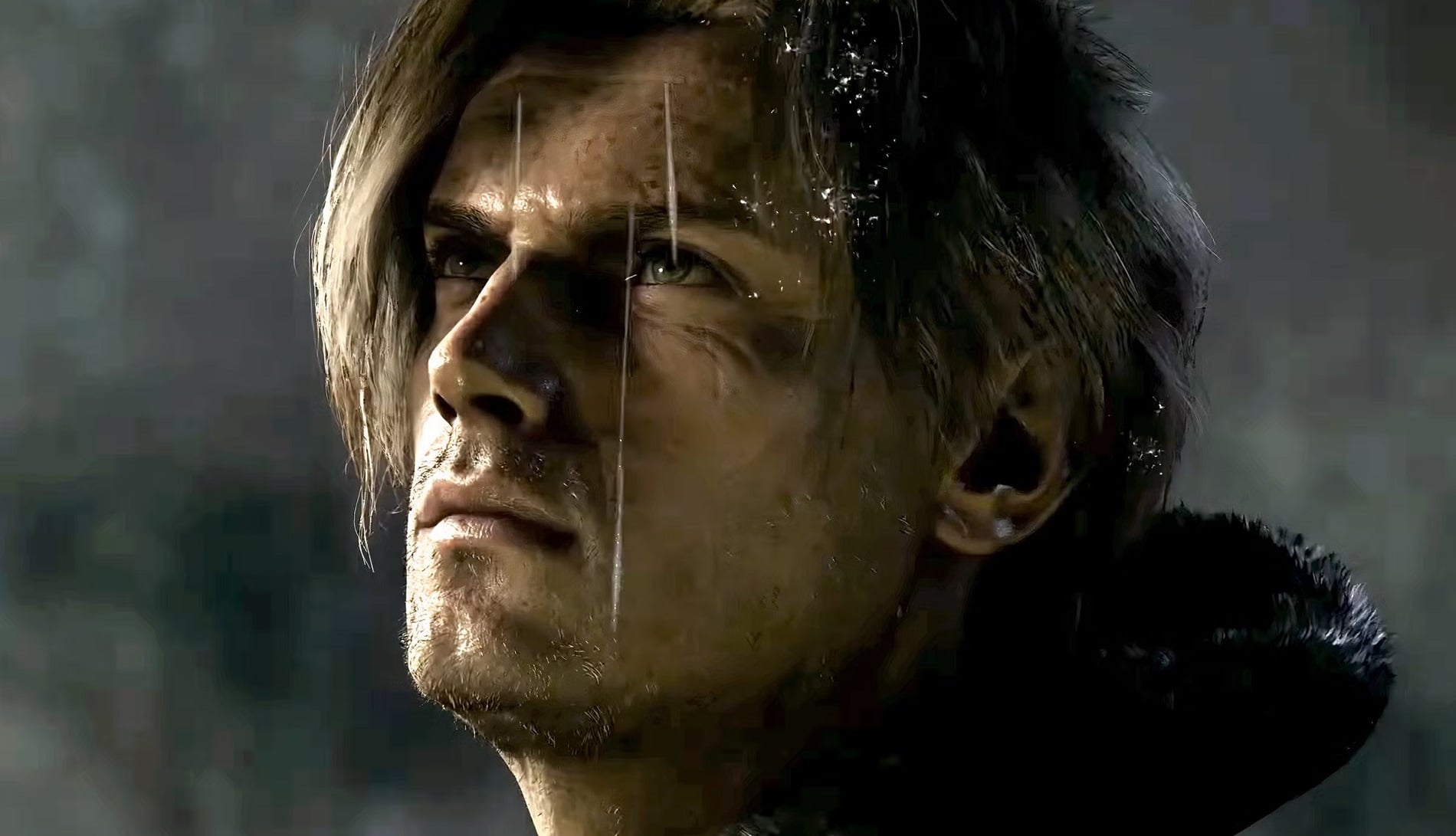 Leon Kennedy is sad in the rain.