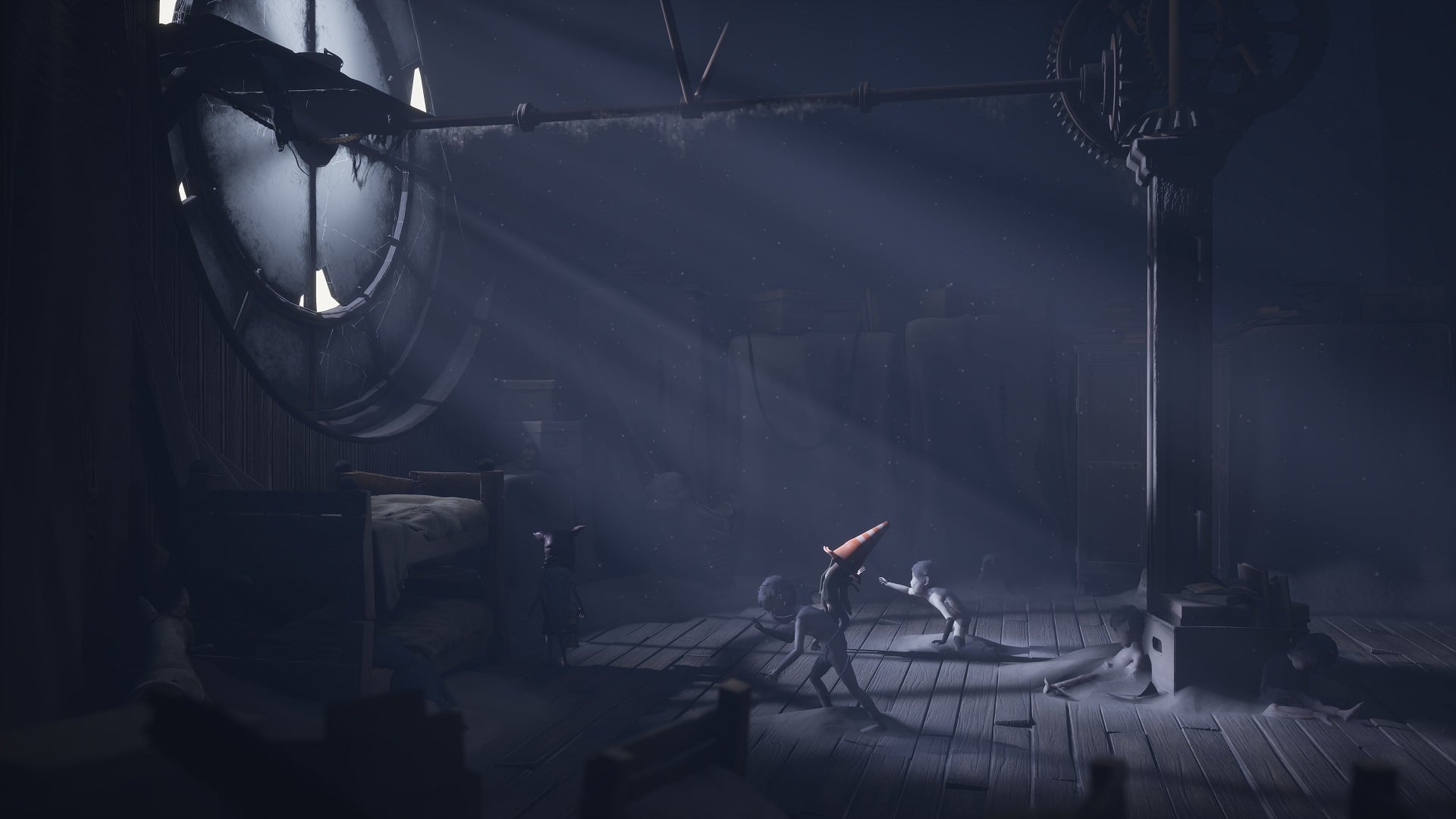 Sunlight creeps in through a broken attic window. 