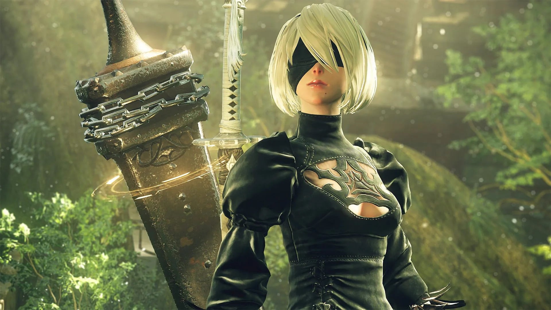 2B stands next to her sword in the woods.