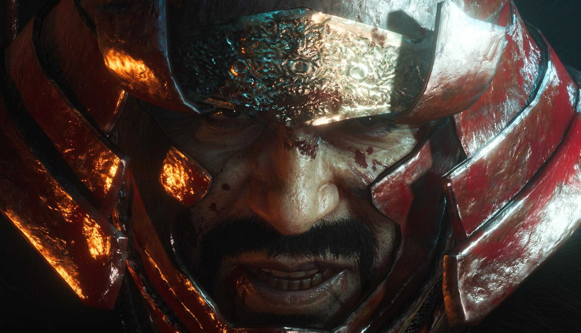 A samurai wears a heavy helmet.