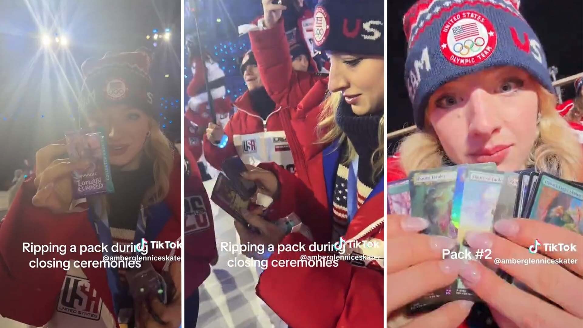 Amber Glenn opens MTG cards at the Olympics.