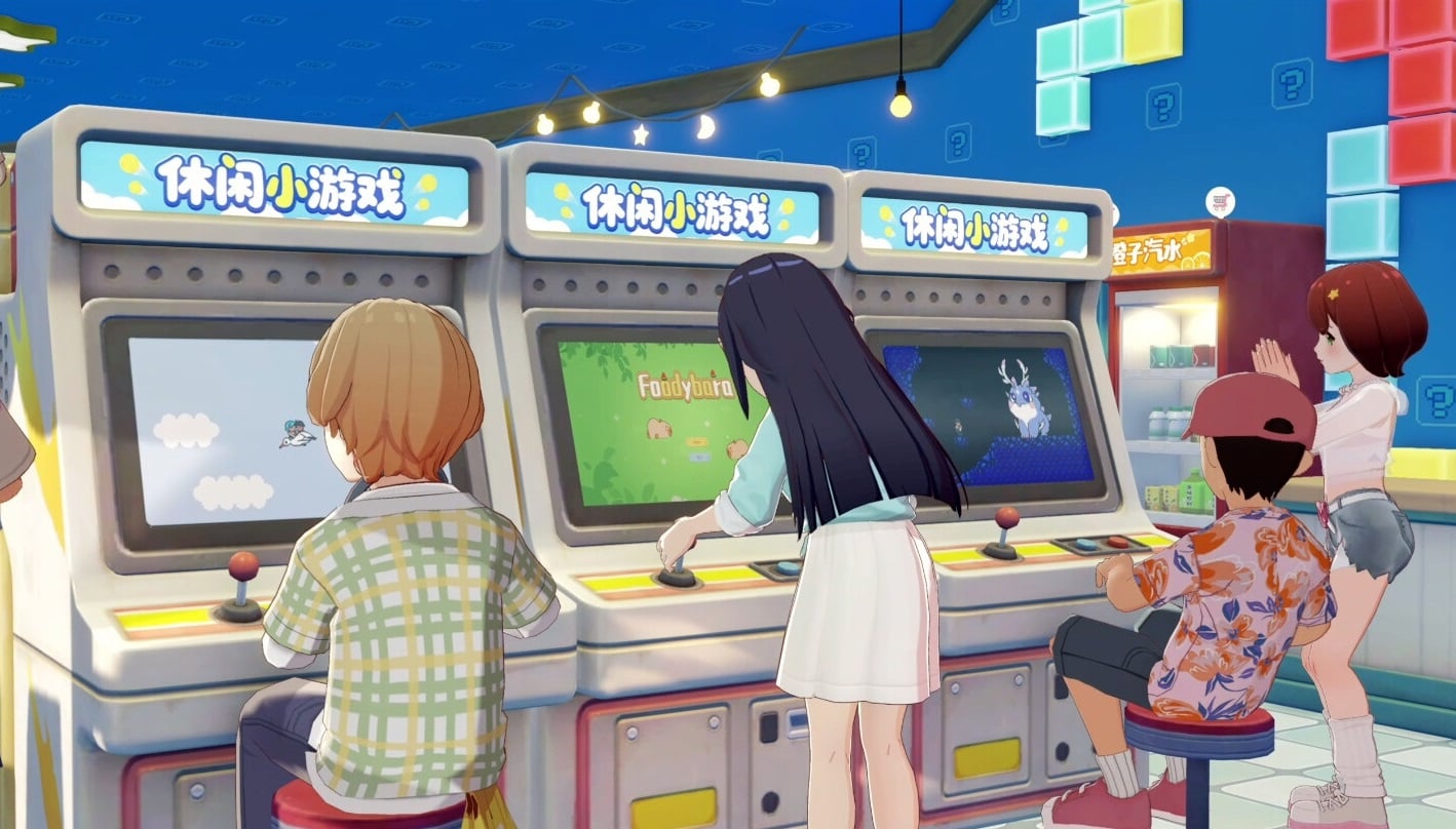 Anime kids gather at an arcade.