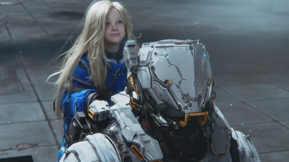 A little girl android rides on an armored adult's back.