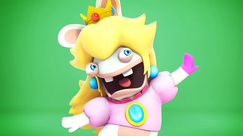 A Peach Rabbid dances.