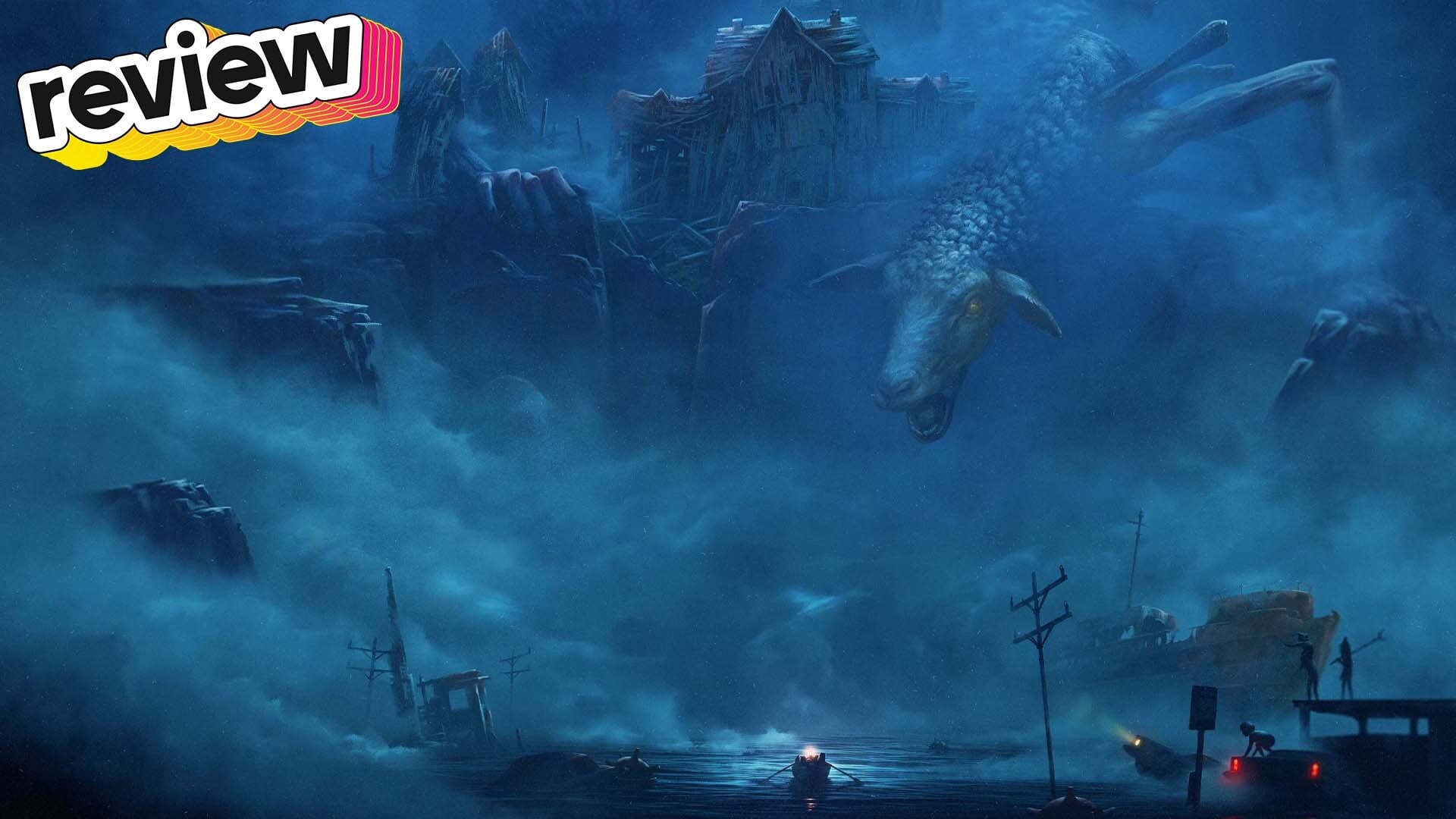 A creature menacingly overlooks a dilapidated town.