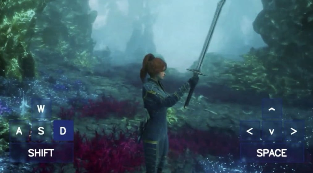 A woman holds up a sword in a magical place.