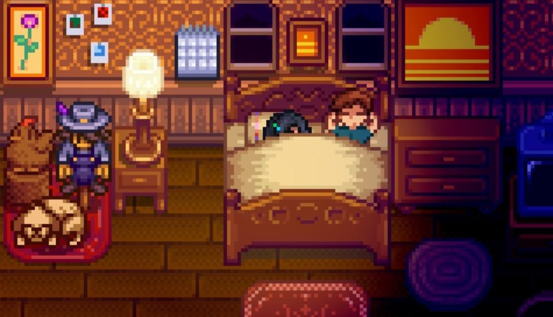Villagers sleep in a bed.