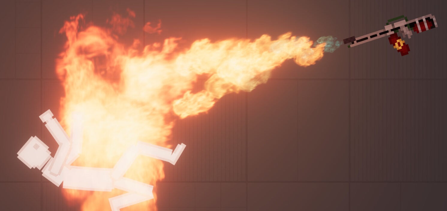 A pixel sprite is lit on fire.