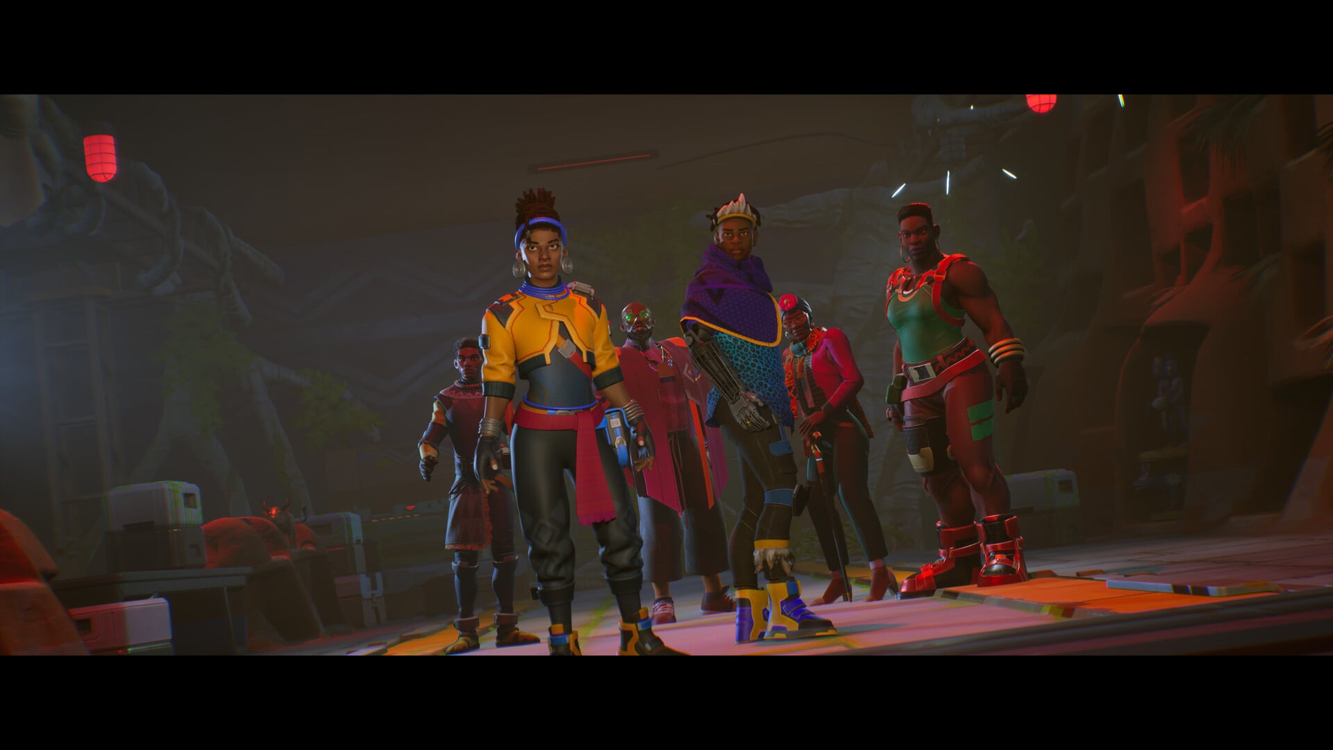 Screenshot from Relooted featuring a collection of African people in colorful outfits standing under a spotlight.