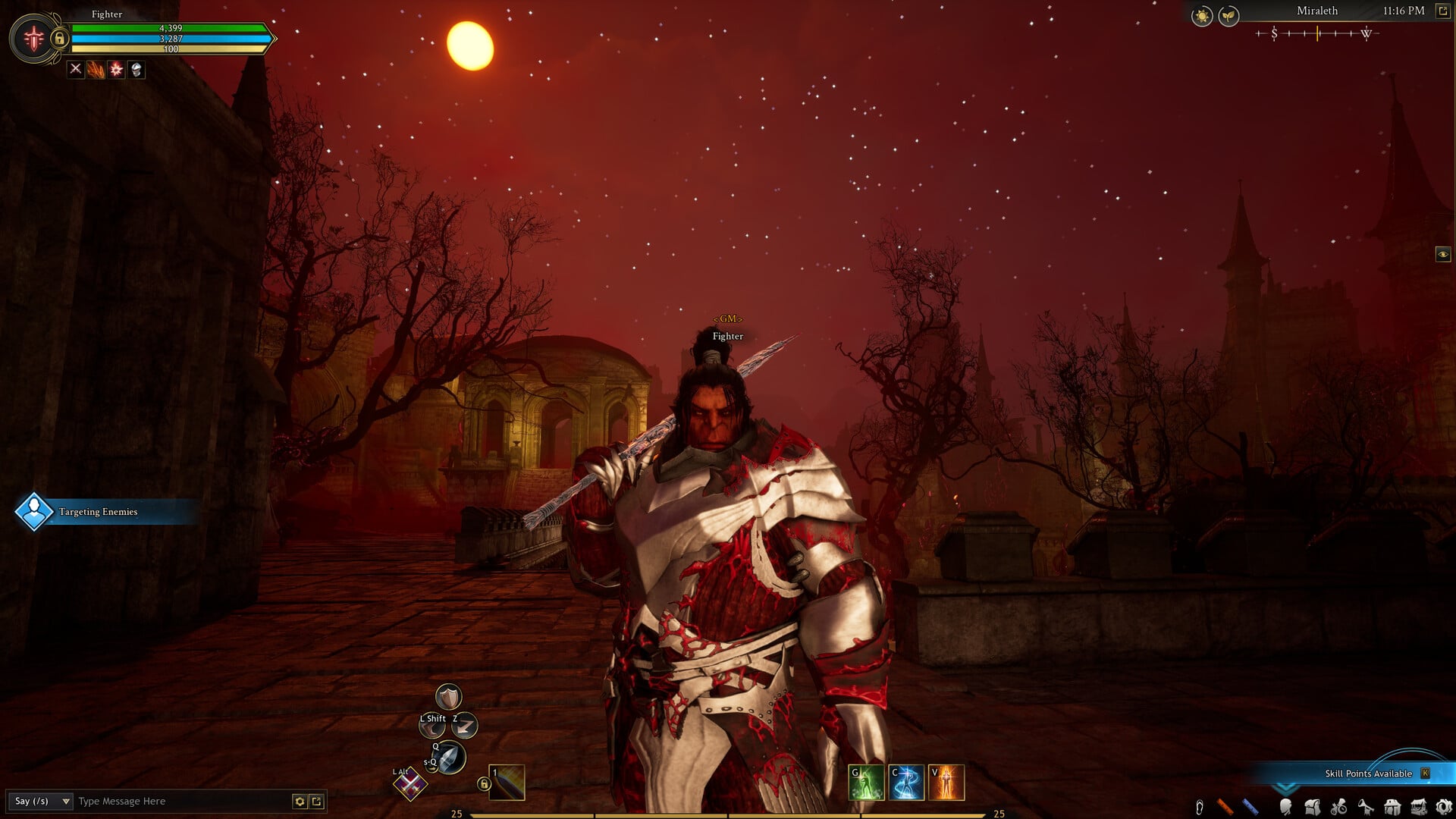 A red warrior stands in front of the camera.