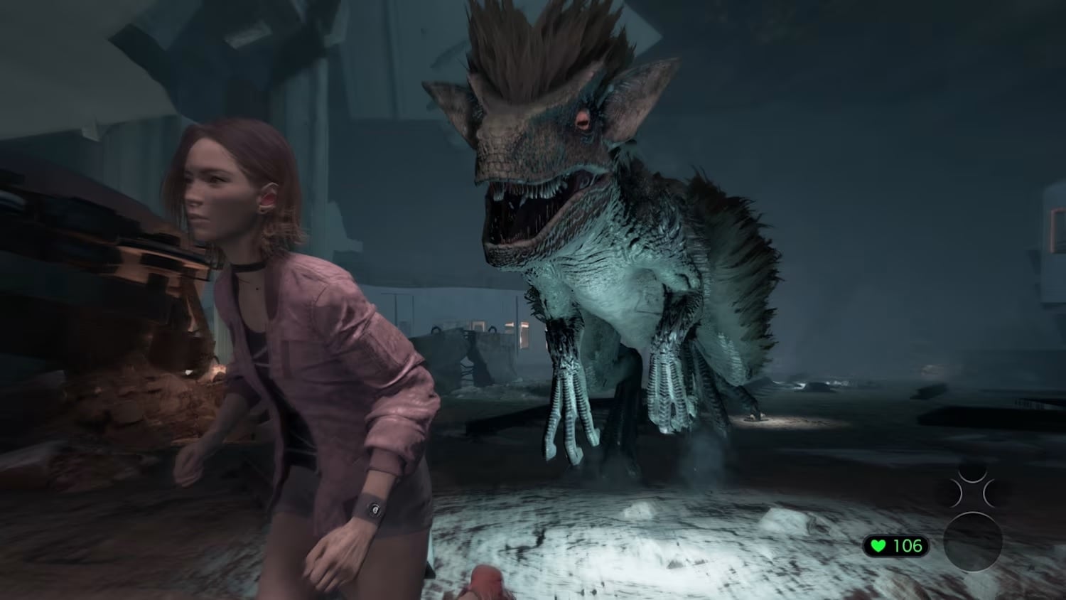 A woman runs from a dinosaur.