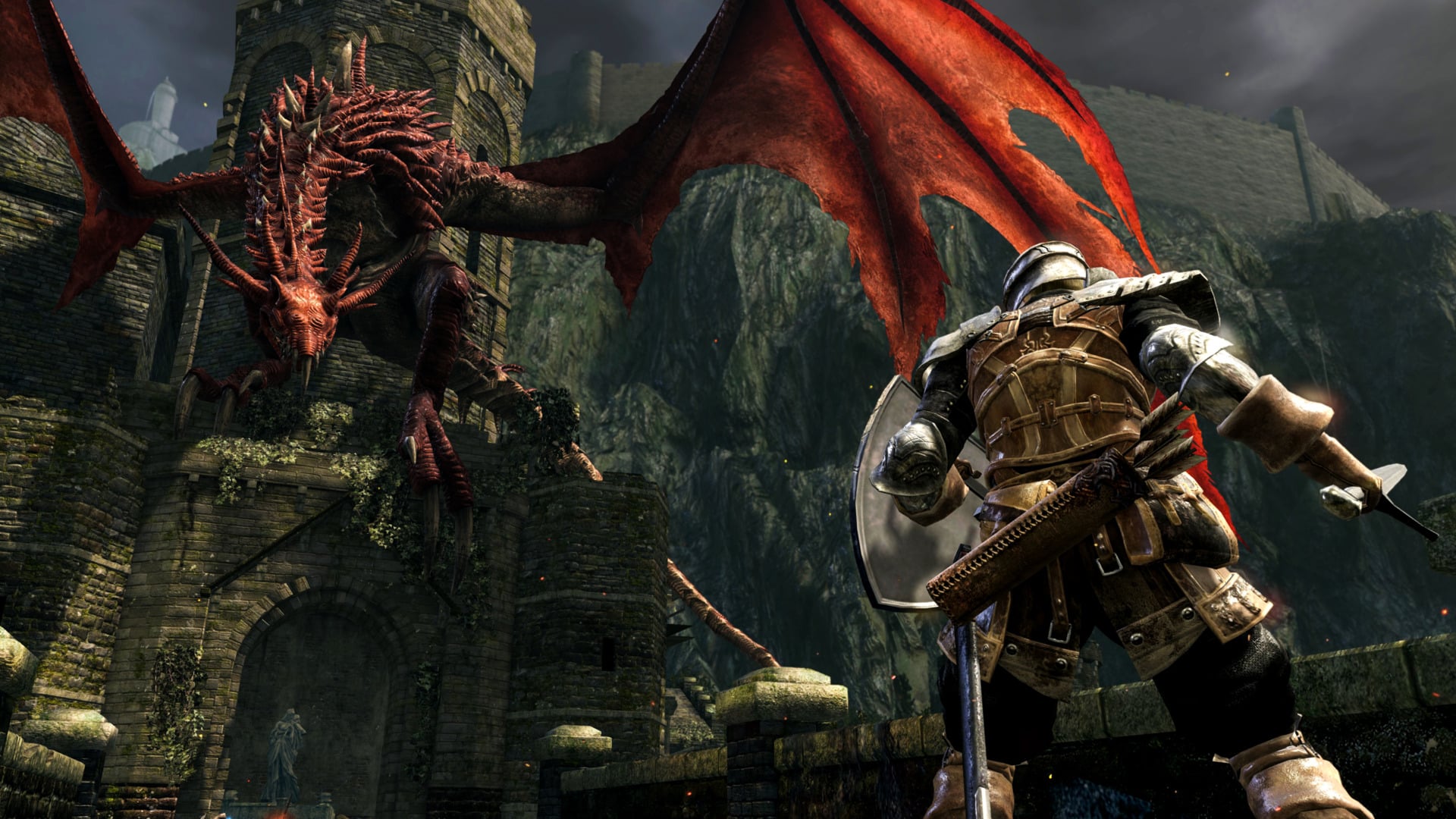 A knight fights a dragon in a dark castle.