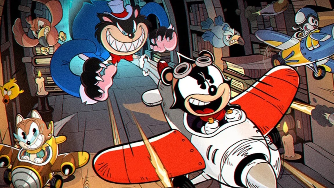 Cartoon characters fly fighter planes.