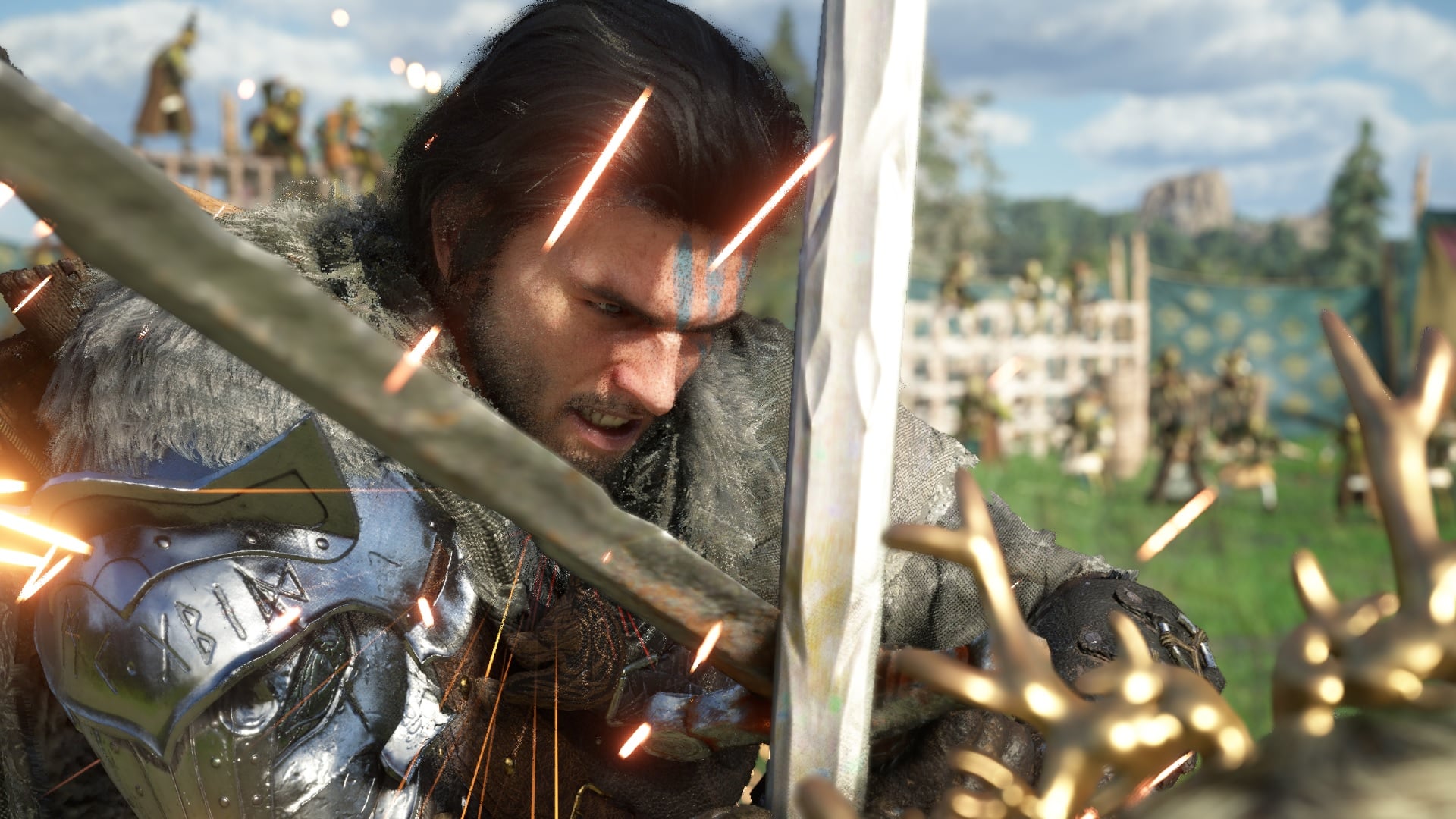 A man clashes swords with someone else.