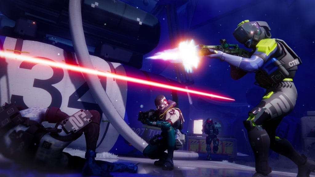 Marathon players shoot in a hallway.