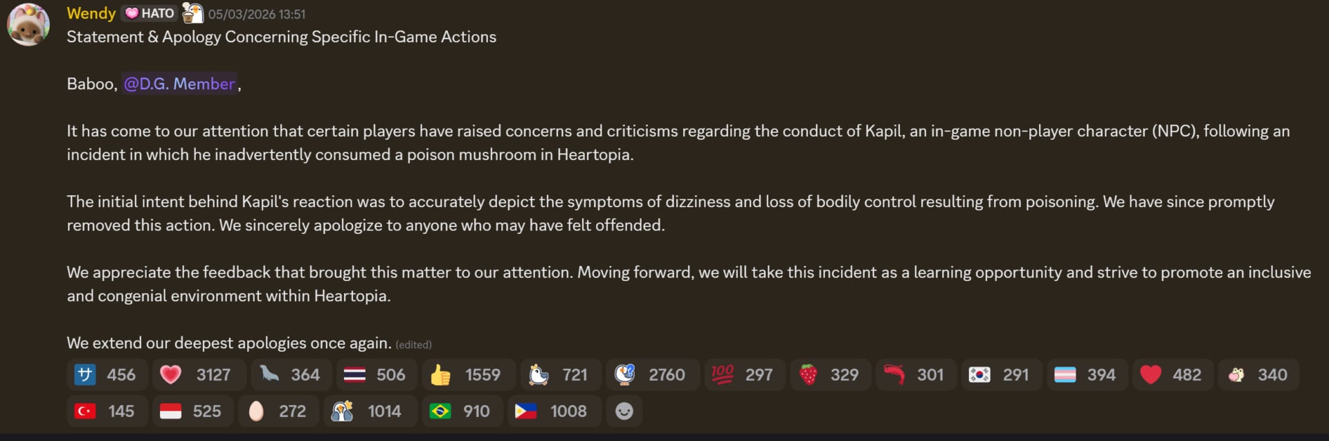A Discord screenshot shows a Heartopia apology. 