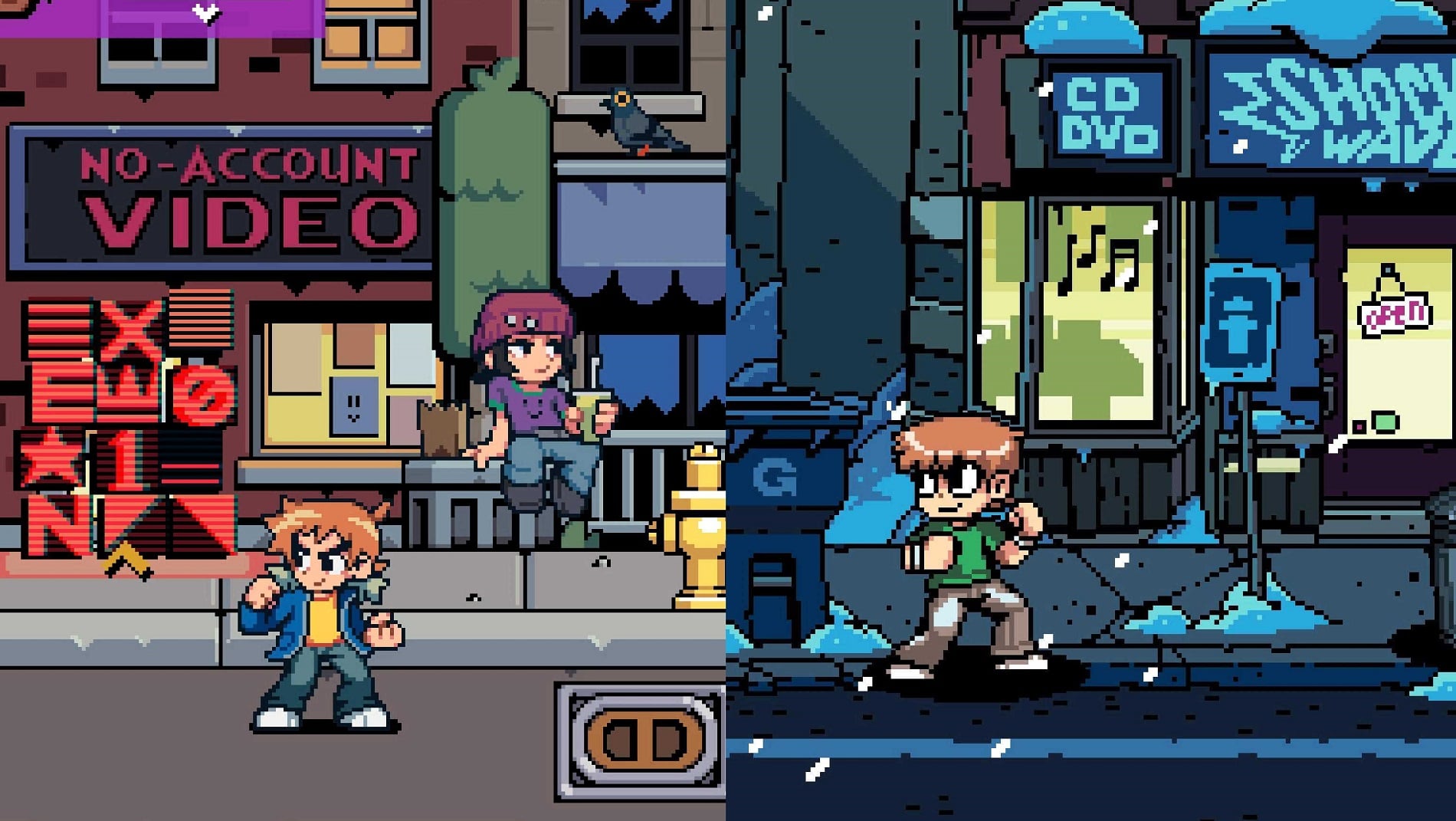 Screenshots compare the first and second Scott Pilgrim games.