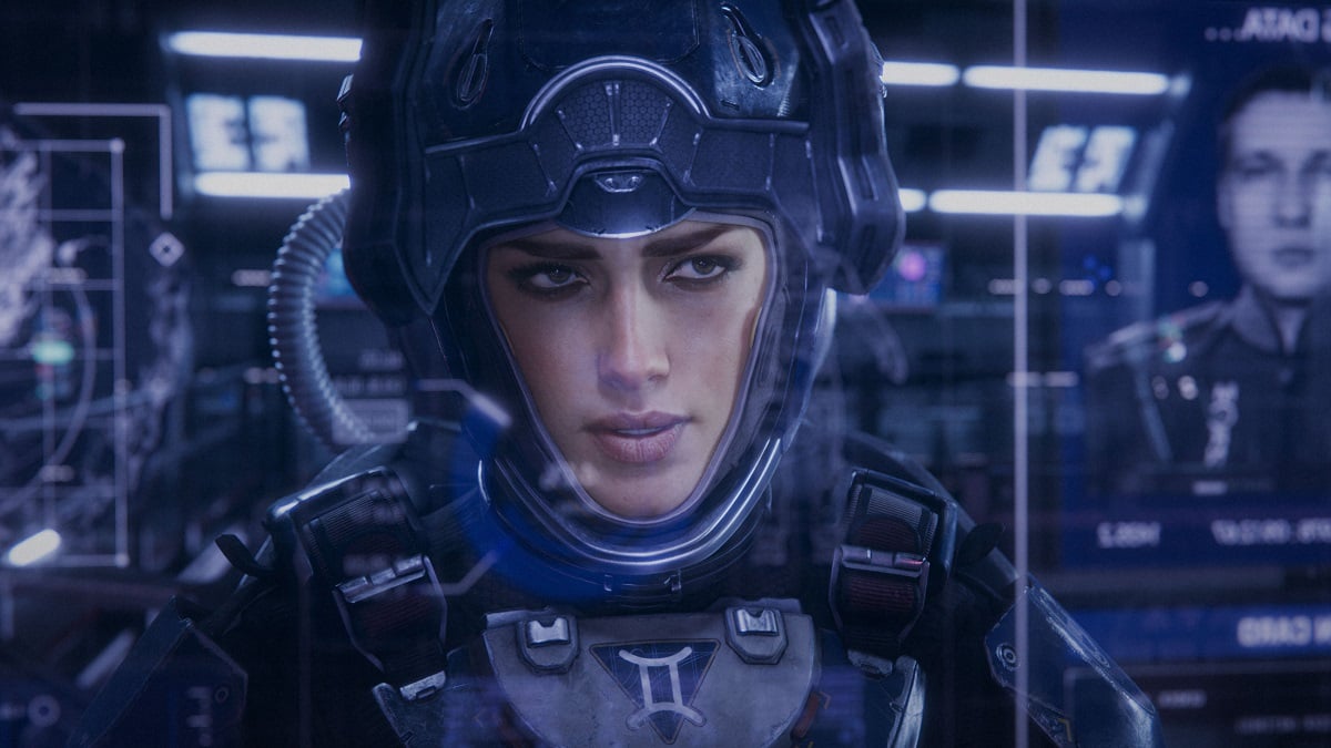 A woman in a space suit stands on a bridge.