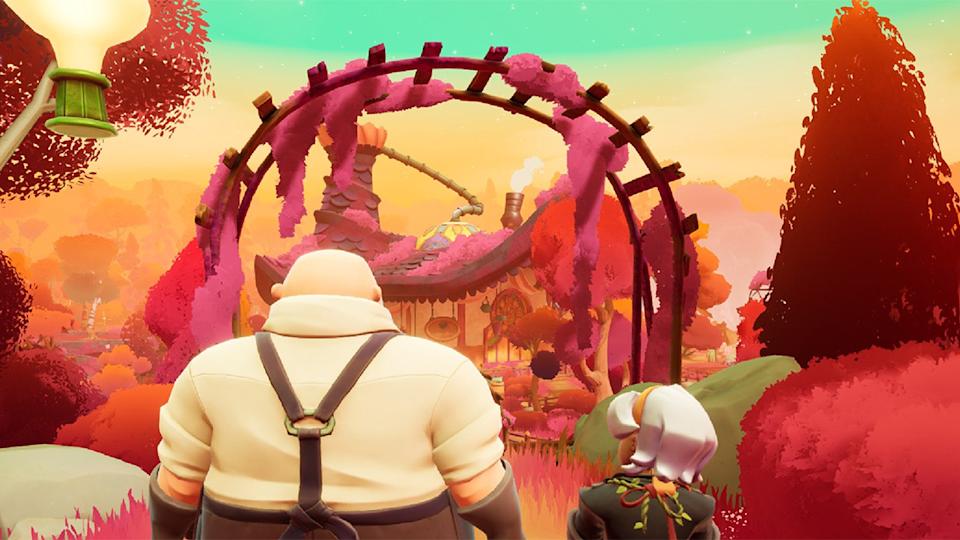 Two characters look out at the road in front of them.