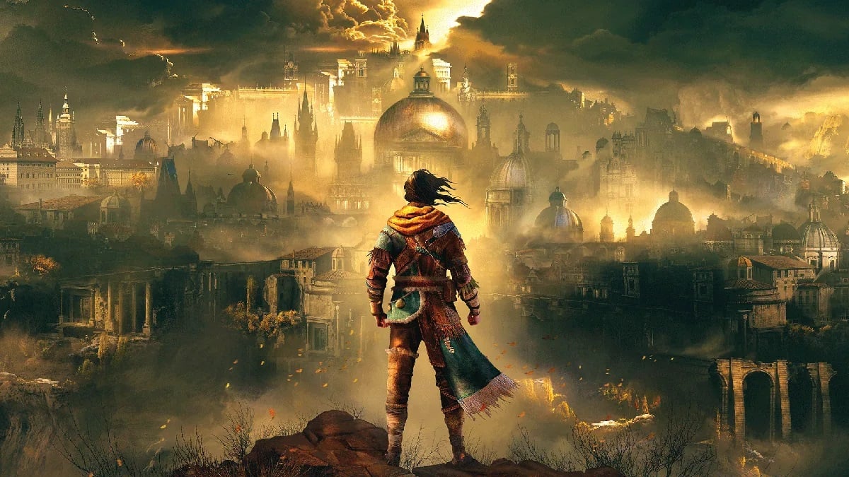 A warrior looks out at the ruins of a city.