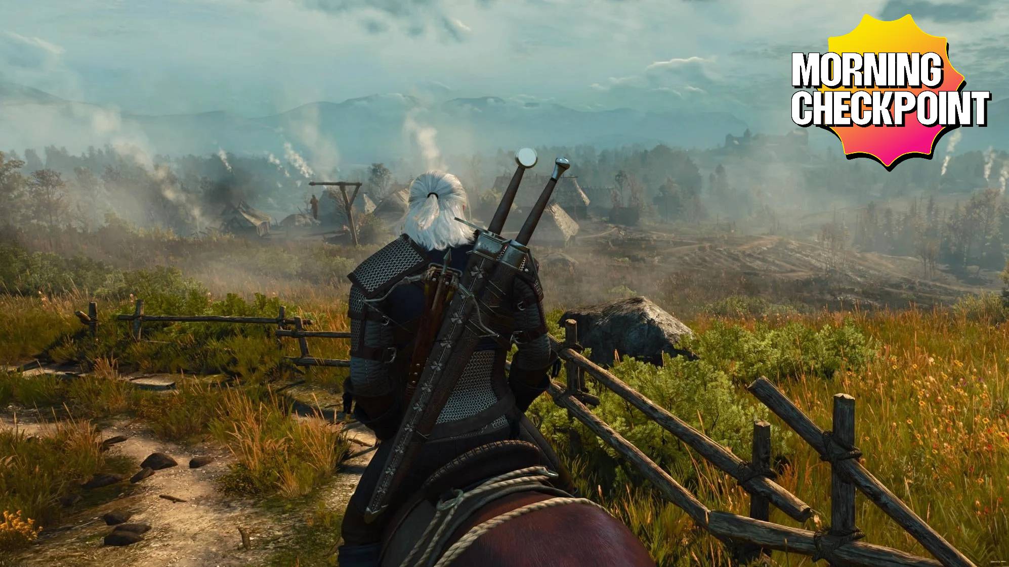 Geralt rides on his horse toward a village.