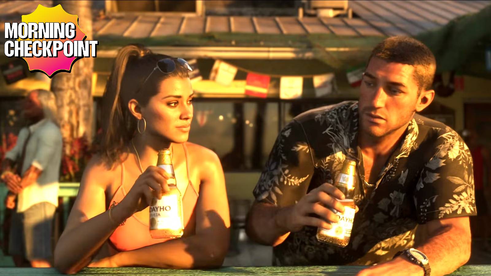 A man and a woman share beers.