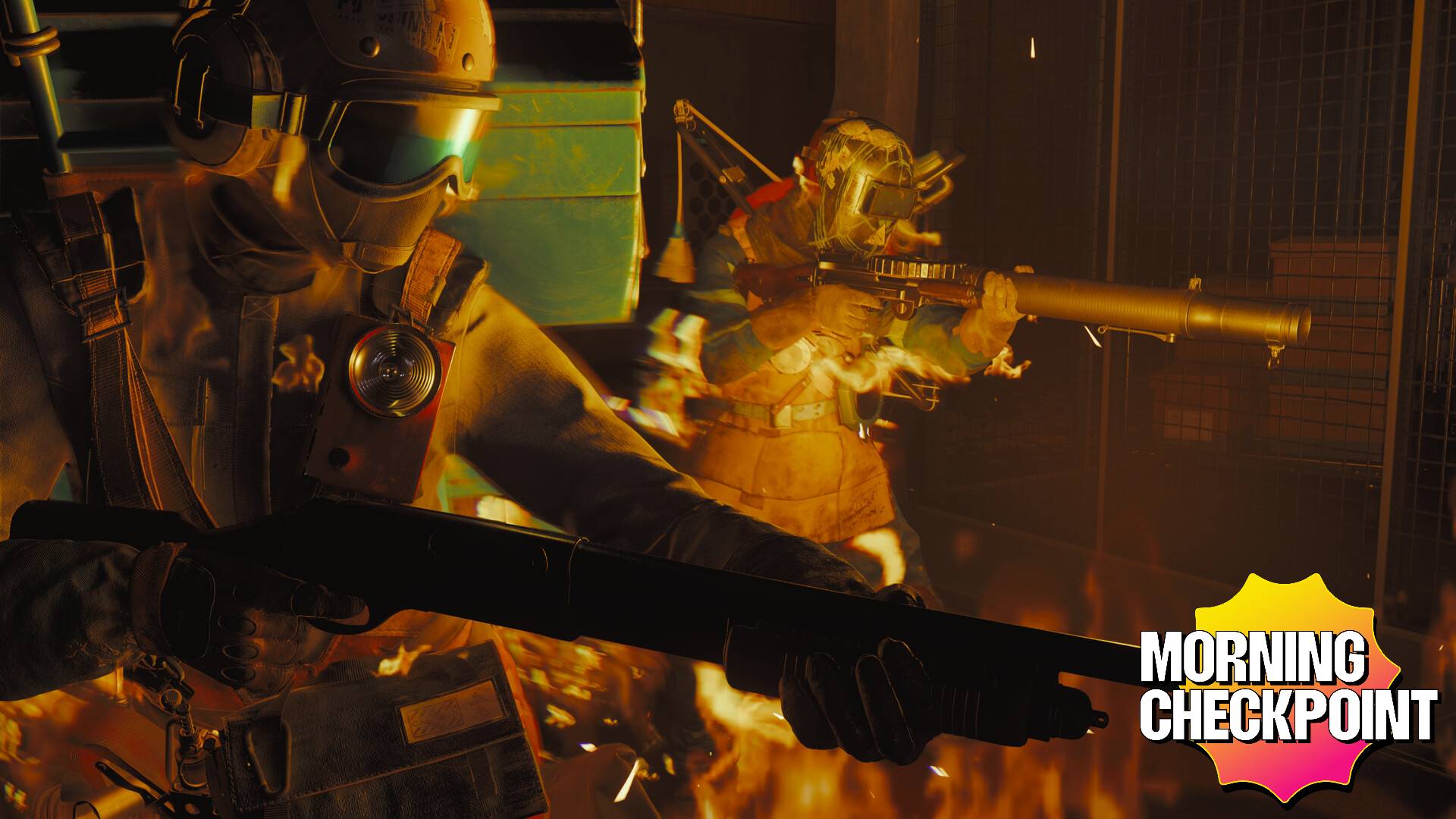 Men in chem suits put out fires.