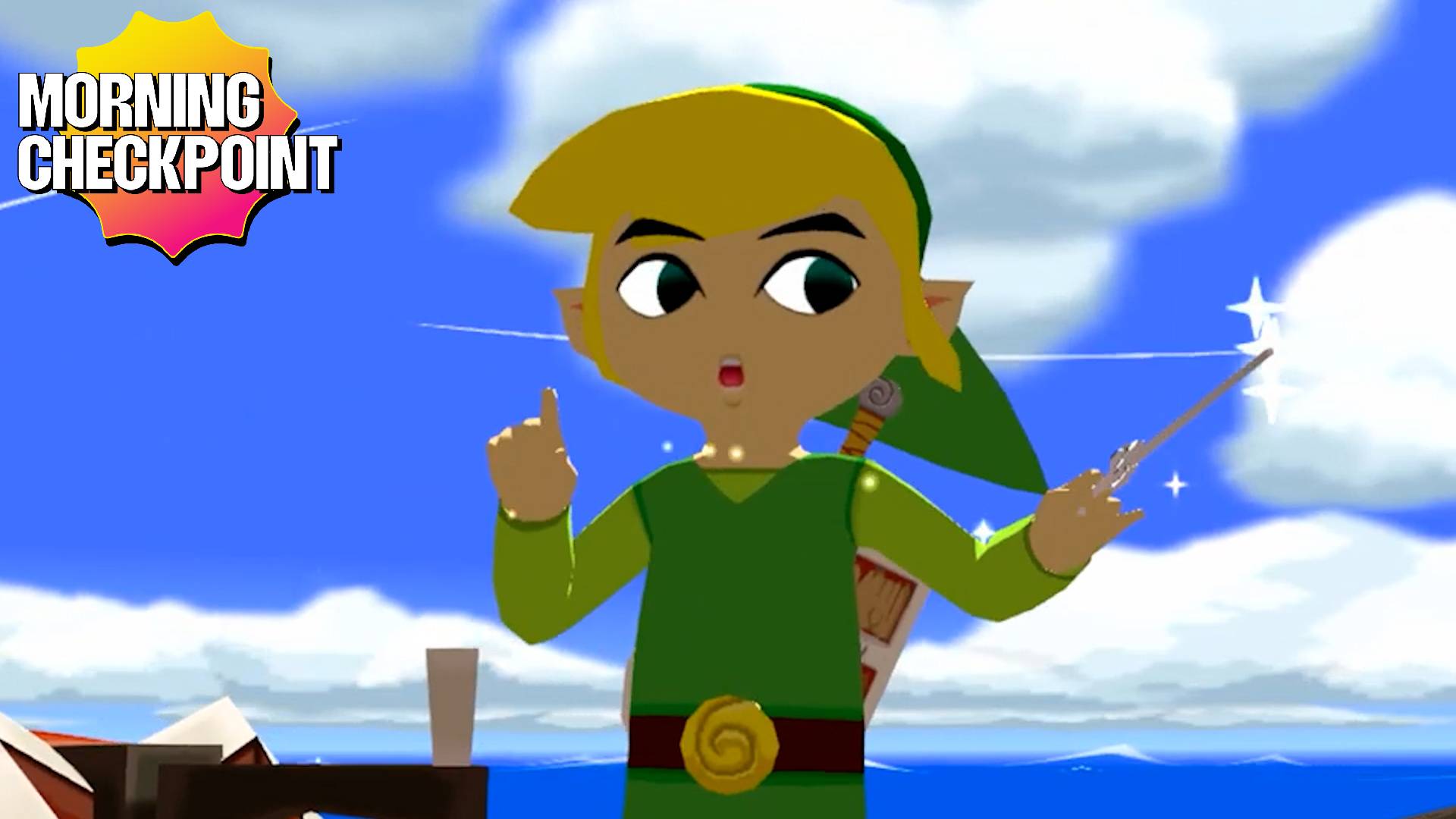 Link holds up a baton.