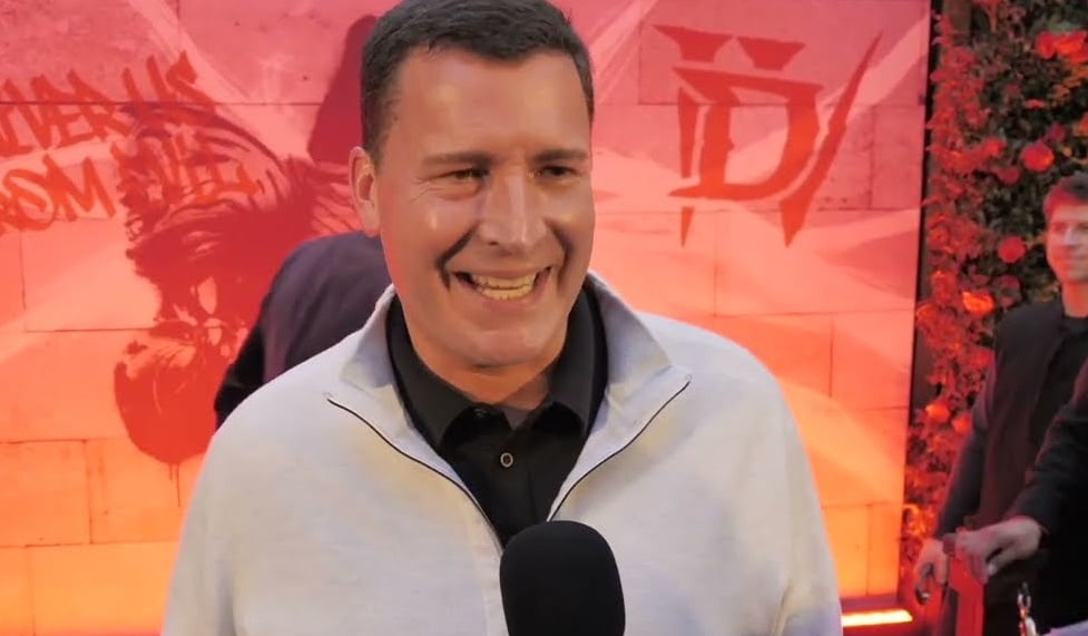 Mike Ybarra speaks at a Diablo 4 event.