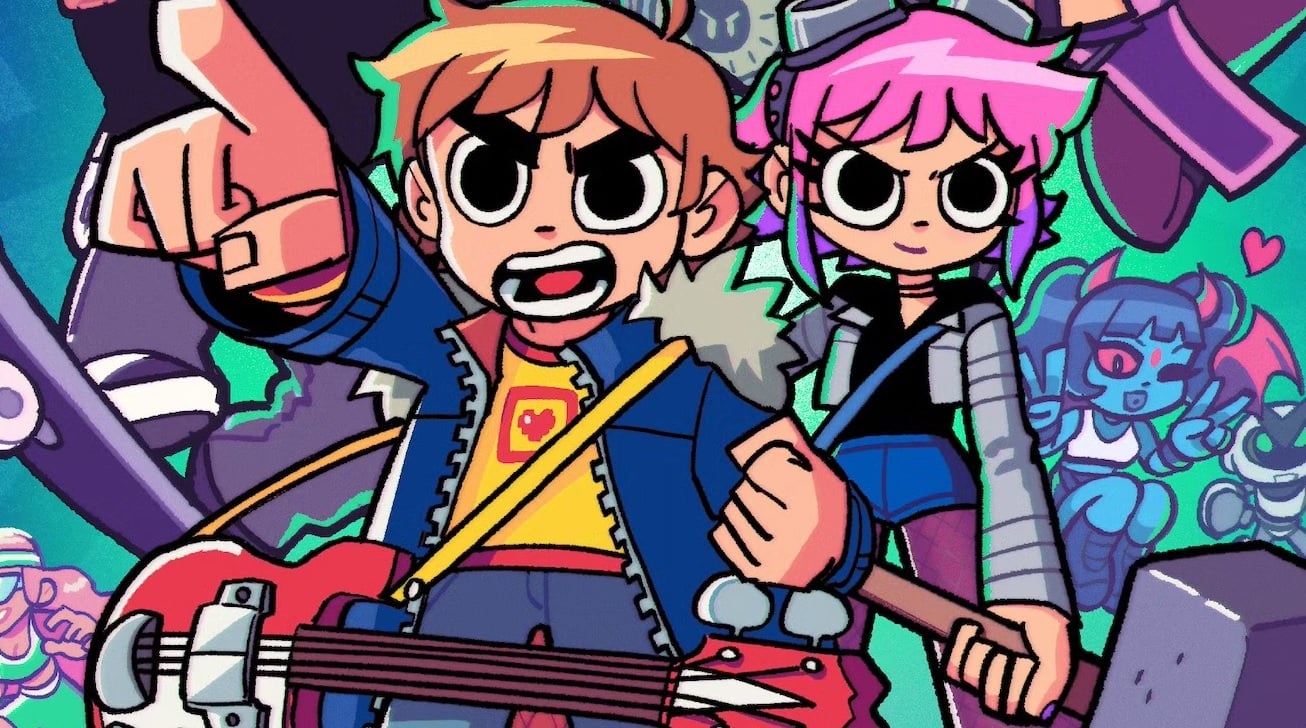 Scott Pilgrim points at the robots.