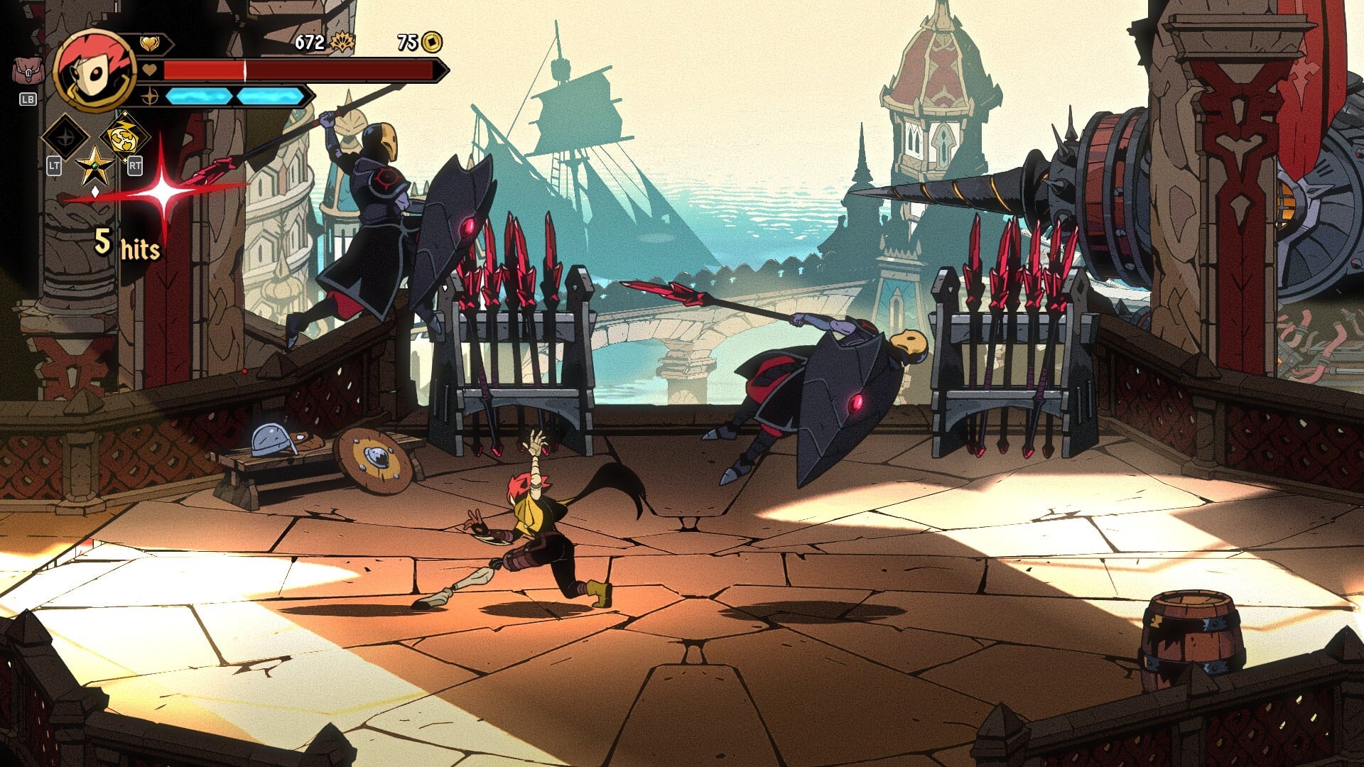 Art shows a 2D fantasy village with fighters engaged in combat.