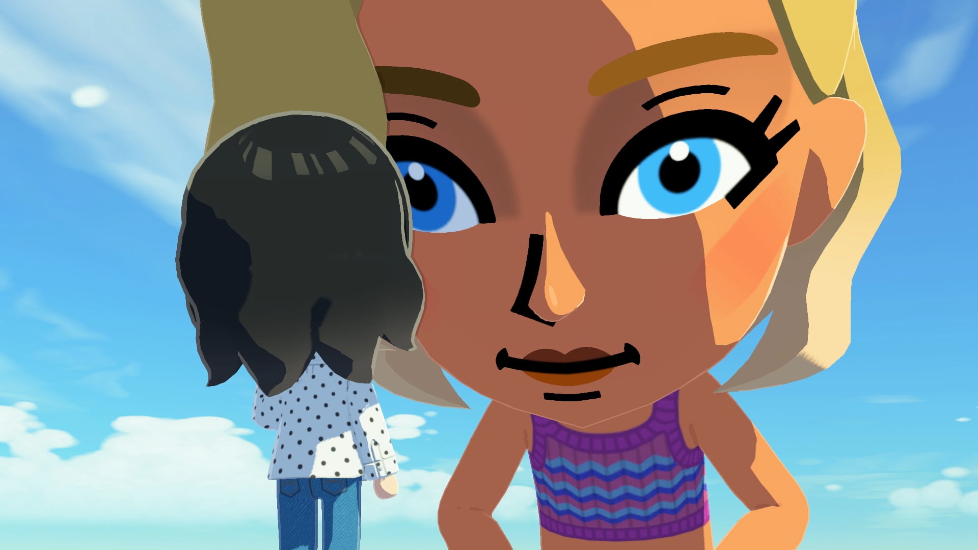 A large Mii looks down at a little Mii.