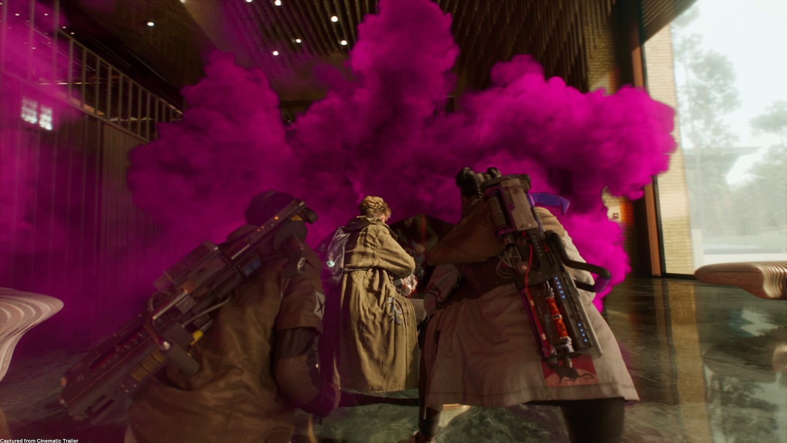 Thieves run into purple smoke in a skyscraper.