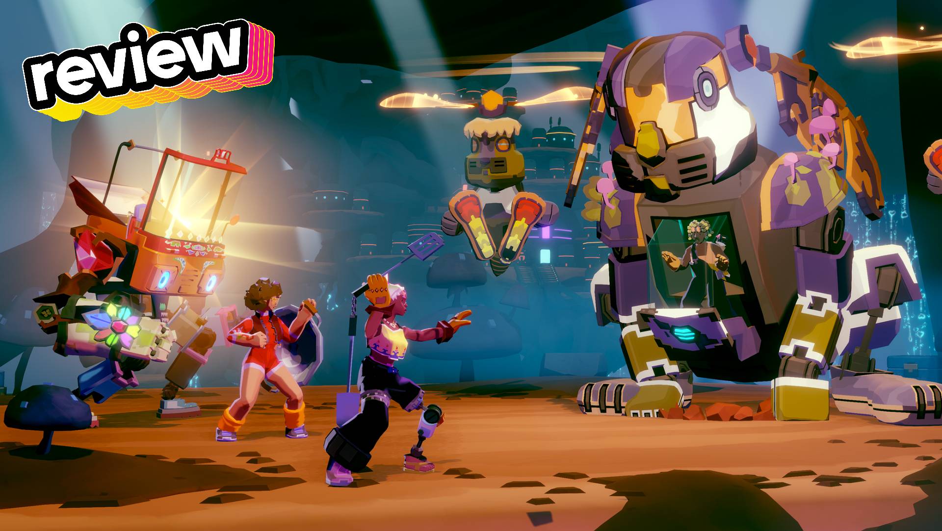 A group of cooking friends fights a mech rabbit.