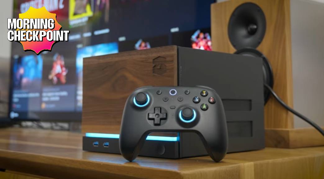 A DIY PC sits on a desk with wood paneling.