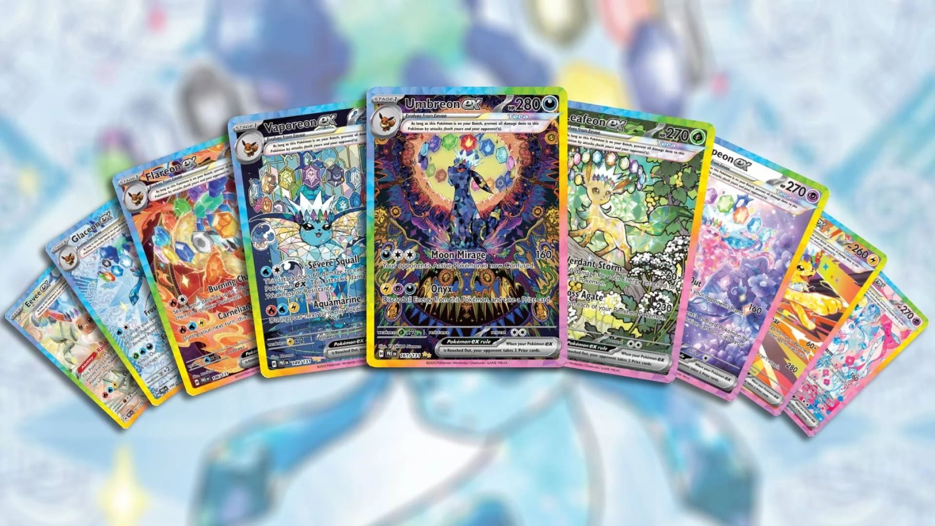 Prismatic Evolution cards all fanned out pretty.