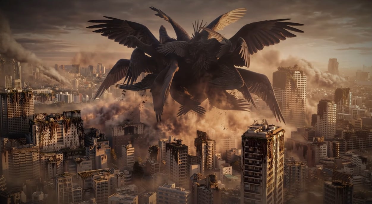 A strange winged monster appears over a city.